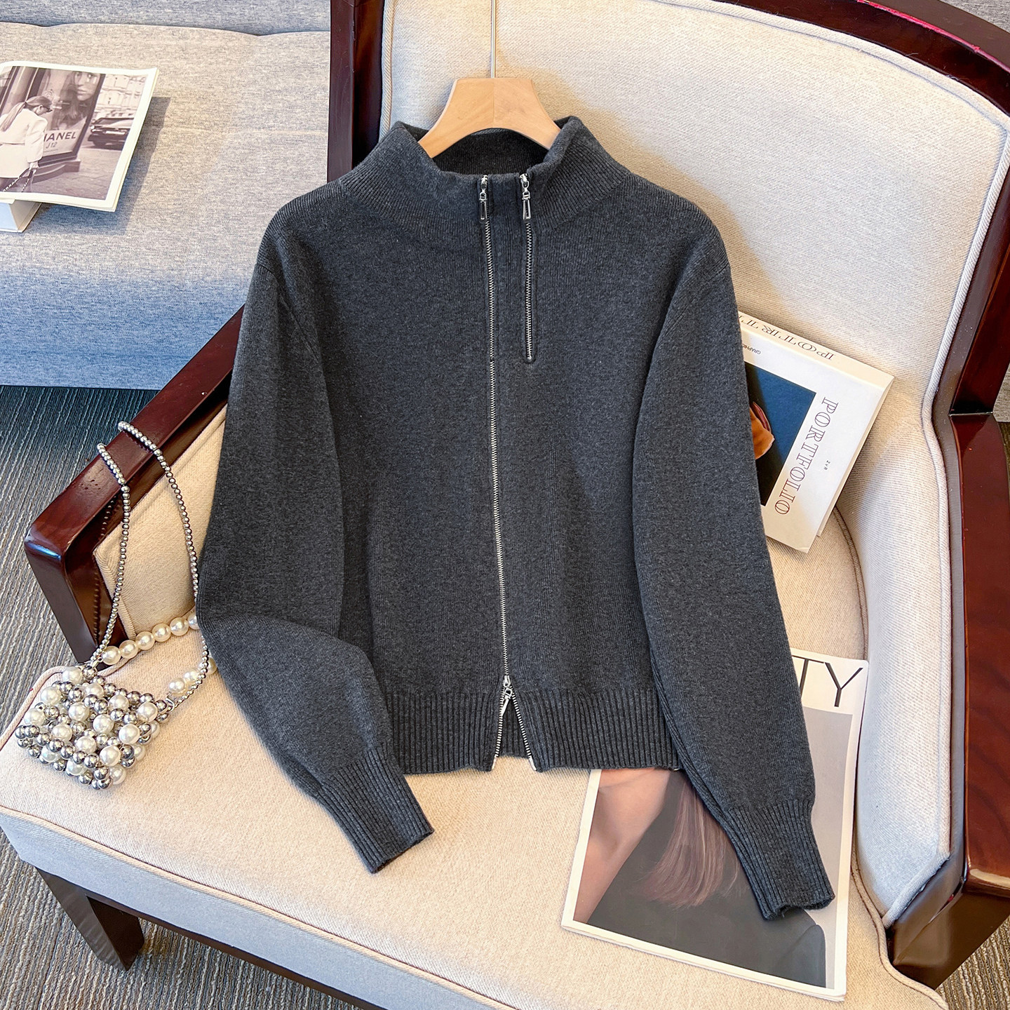 灰色毛衣半高领针织内搭打底衫女2026春秋新款立领拉链外套可外穿