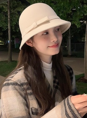留洋千金风白色礼帽法式赫本风小香风盆帽显脸小帽子女2025新款冬