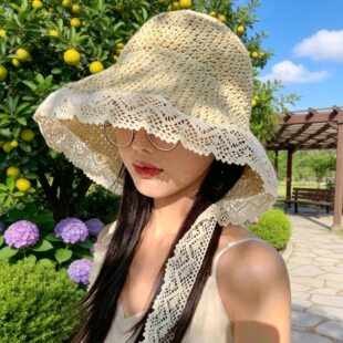 巨好看的法式蕾丝花边遮阳帽子女款2026夏季大帽檐渔夫帽太阳草编