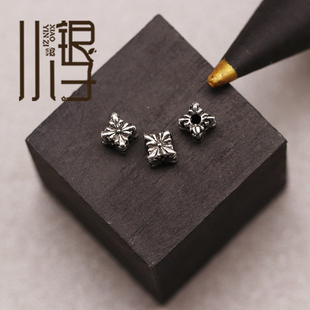 泰银隔珠 S925纯银银饰DIY串珠材料配件 十字花四面直孔迷你方珠