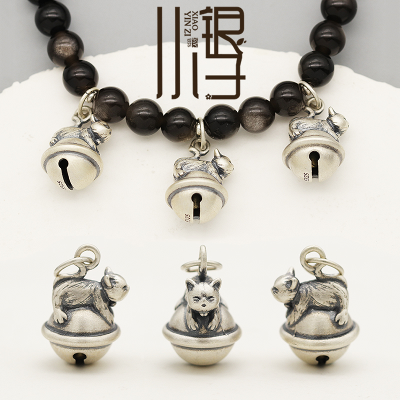 S925纯银蝴蝶结机器猫铃铛挂坠