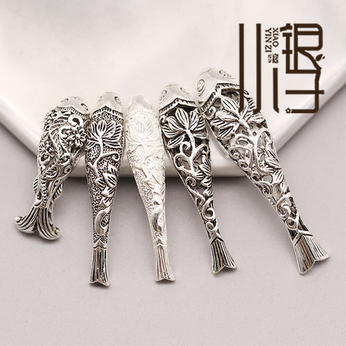 莲花镂空鱼型小鱼纯银弯管