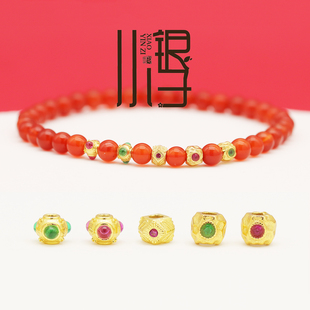 S925纯银隔珠 红绿刚玉多面体敲面三角珠古法银镀金DIY手链银配件