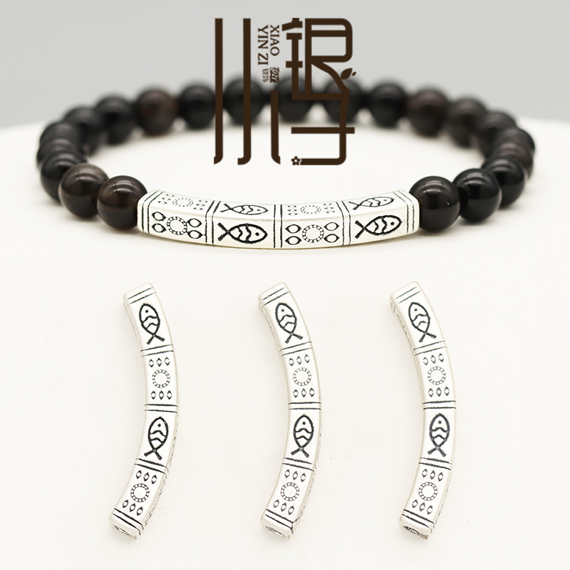 S999纯银做旧小鱼图案方形弯管