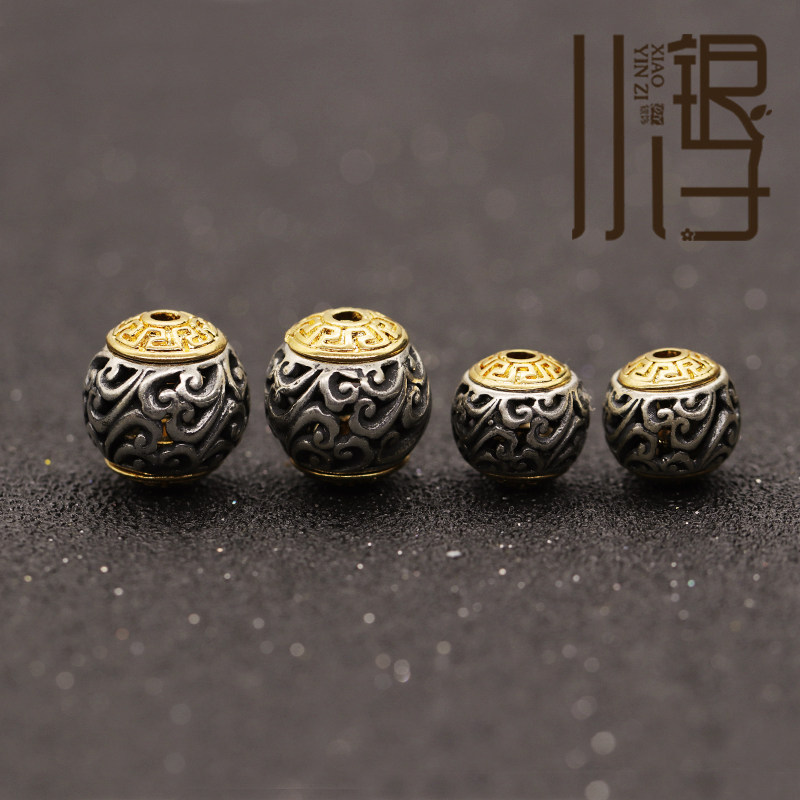 8k合金s925纯银隔珠 镂空波浪花纹圆珠 古玩银饰 diy男士编绳配件