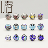 足银隔珠 烧蓝镂空如意小花吉言多款 椭圆珠S999纯银饰DIY编绳配件
