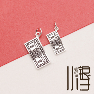 钞票挂坠S925纯银银饰DIY串珠材料配件 大钞弯曲美元 泰银吊坠 百元