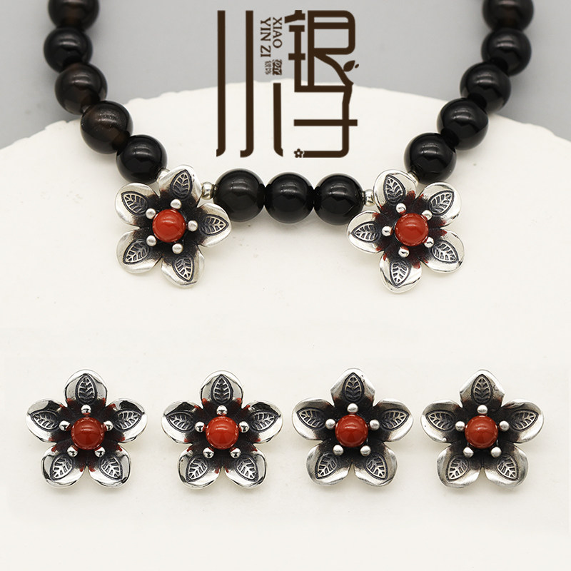 S925纯银做旧五瓣花树叶纹挂坠