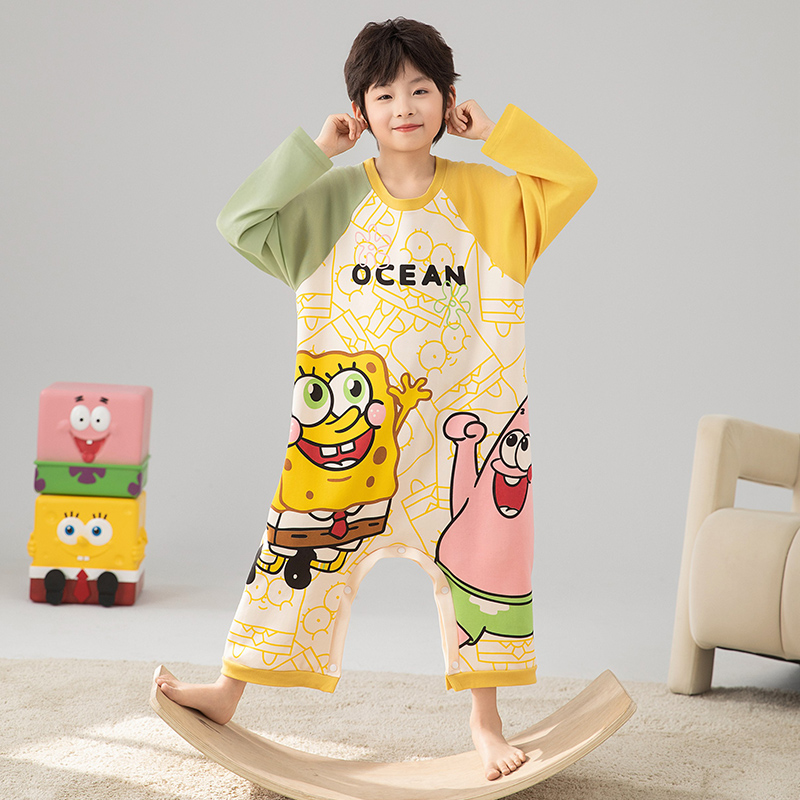 儿童连体睡衣男童春秋季纯棉长袖中大童防踢被卡通海绵宝宝家居服