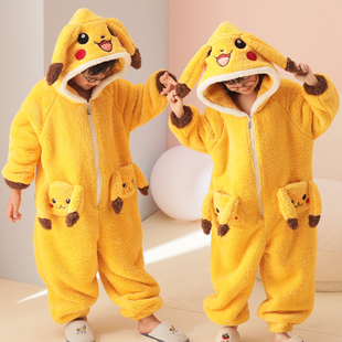 皮卡丘儿童法兰绒睡衣秋冬季加厚珊瑚绒小男孩大童女童防踢连体衣