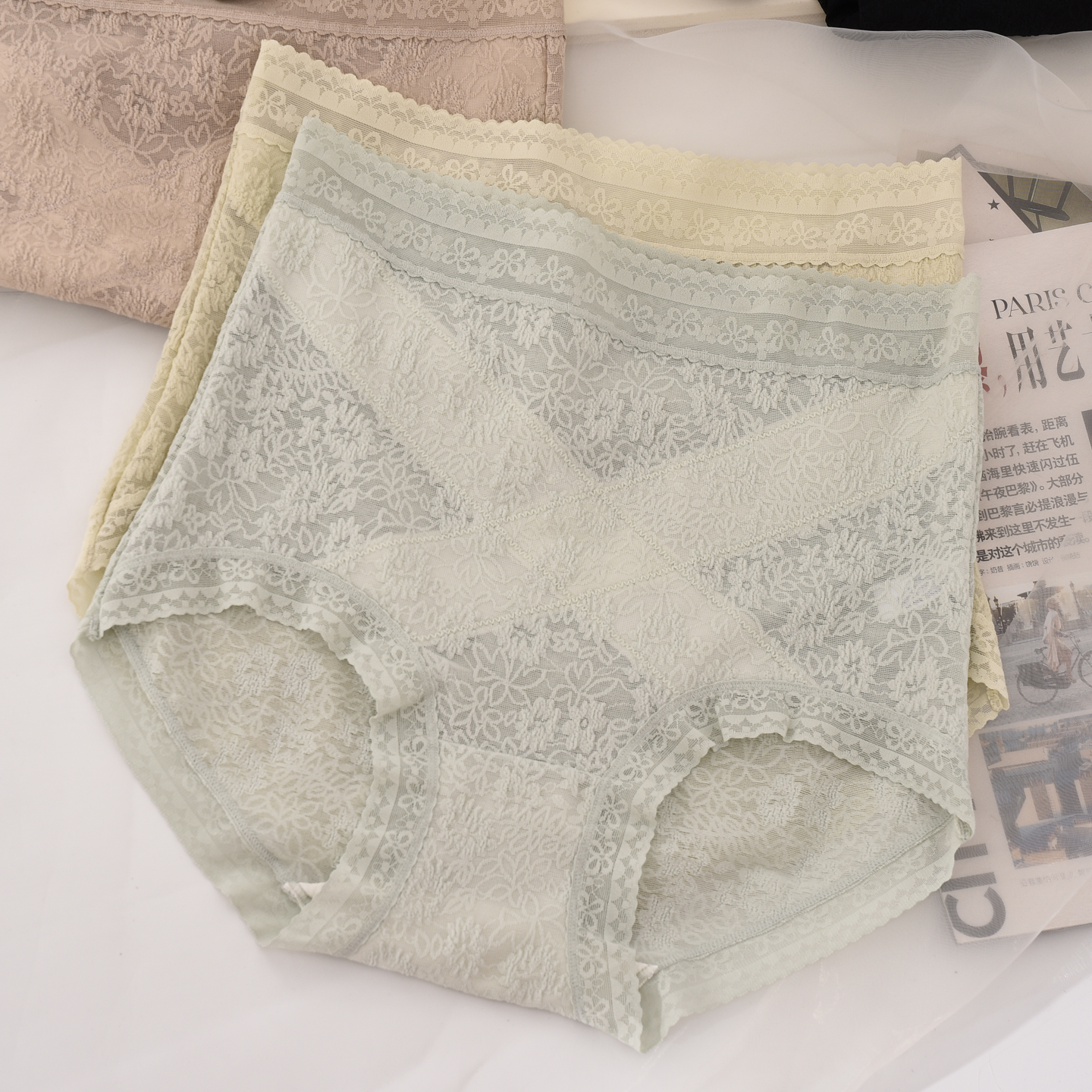 桑蚕丝抑菌底裆蕾丝性感高腰内裤女微收腹大码透明包臀凉感三角裤
