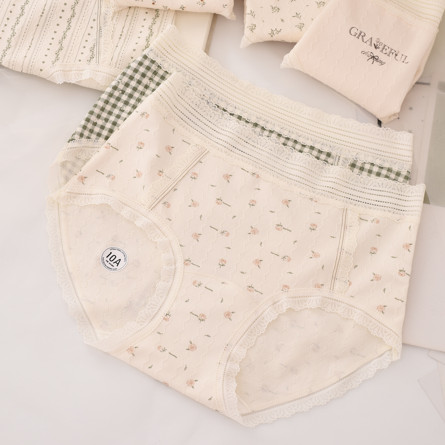 10A加长底裆莫代尔棉中腰内裤女蕾丝边碎花田园风少女学生三角裤