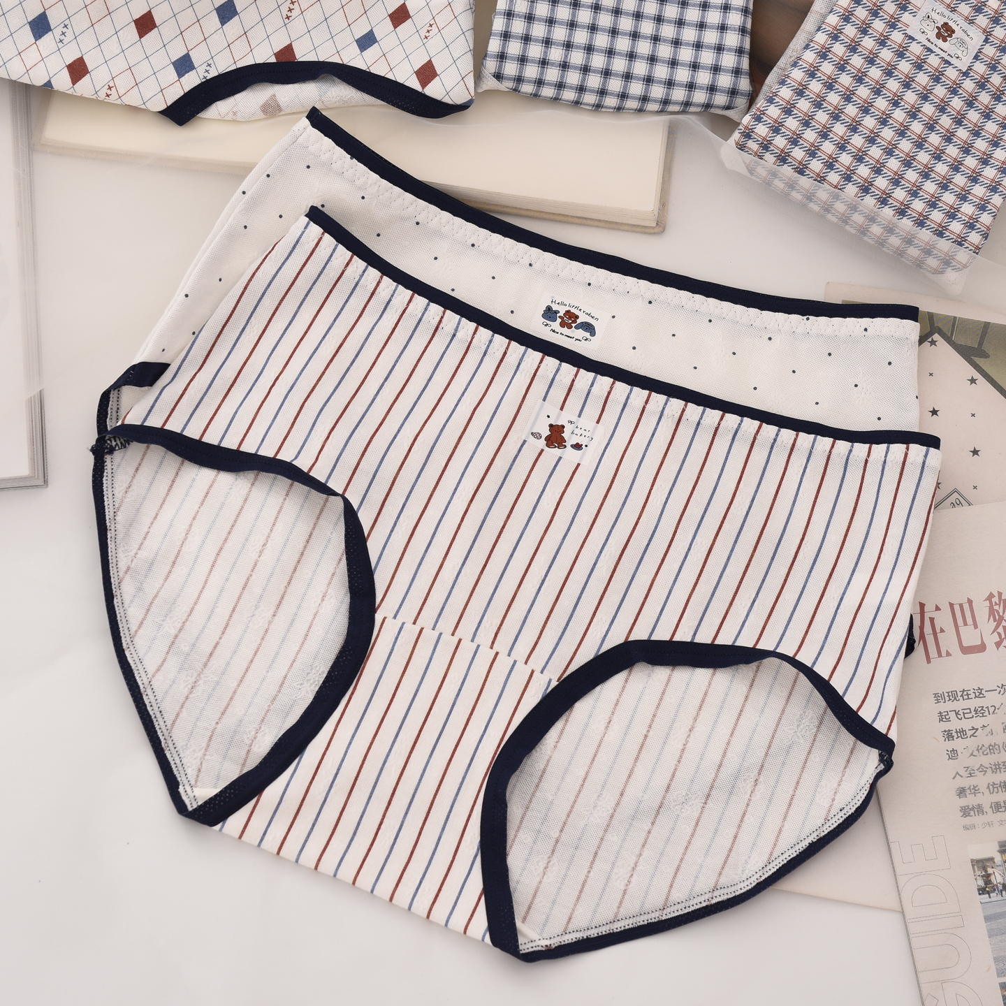桑蚕丝纯棉印花中腰内裤女少女感学生大码格子条纹包臀三角短裤