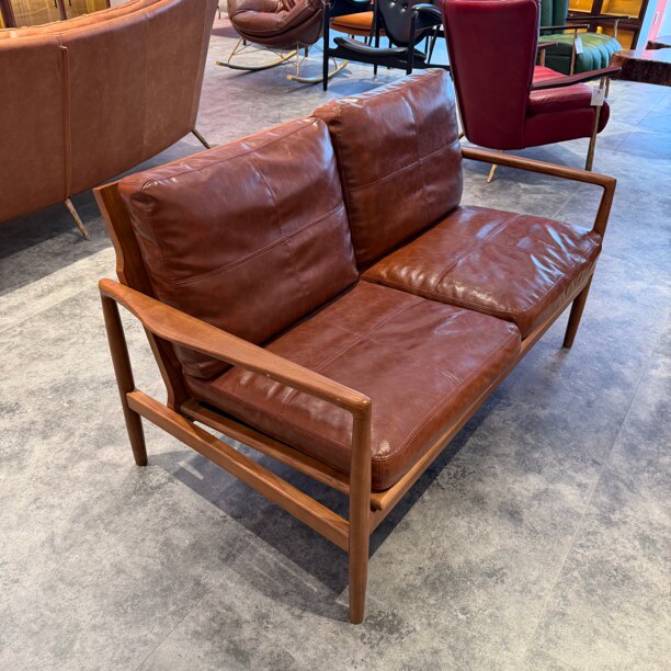 现代简约实木沙发真皮休闲椅中古客厅阳台茶室咖啡厅双人位坐椅lz