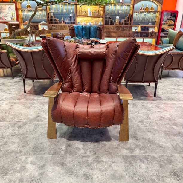 茶室会所真皮休闲椅轻奢主人椅头层牛皮油蜡沙发椅战神椅咖色sz