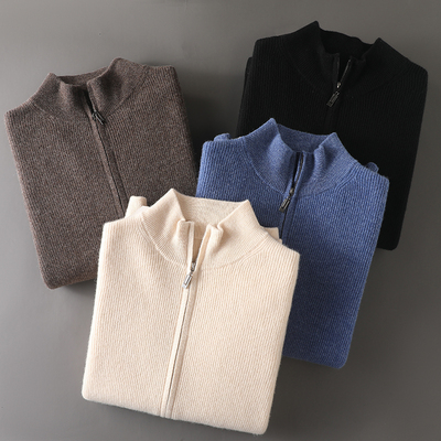 拉链开衫男纯色半高领加厚100纯羊毛衫针织宽松毛衣外套羊绒冬季