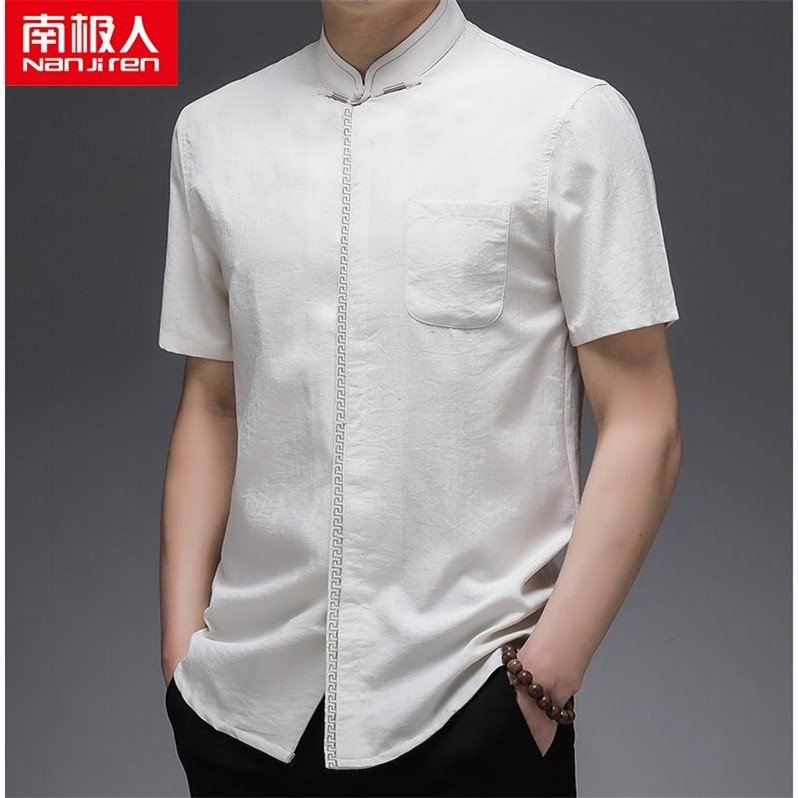 南极人夏季冰丝短袖衬衫男士中国风立领衬衣棉麻复古刺绣半袖上衣使用感如何?