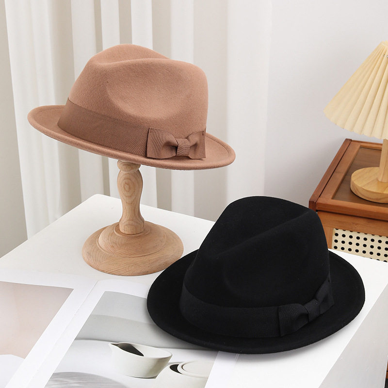 新款秋冬帽子男女毡帽复古百搭英伦风帽子卷边羊毛帽蝴蝶结小礼帽