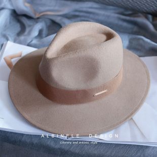 秋冬新款羊毛呢帽子女英伦复古宽檐男士礼帽法式驼色黑色礼貌