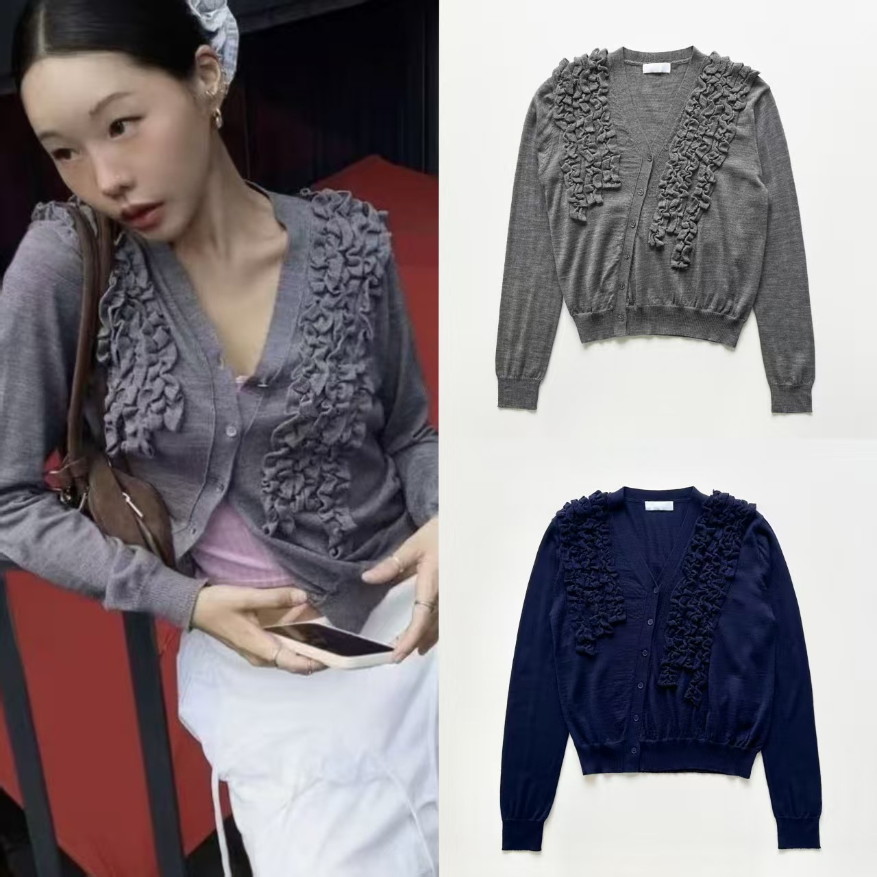 韩国小众 25新款不对称斜襟立体褶皱纽扣v领羊毛针织开衫外套上衣