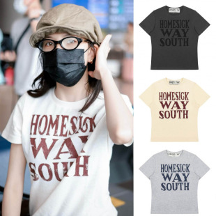 版 白鹿同款 T恤女修身 YY复古字母印花圆领短袖 型休闲百搭 韩国OPEN