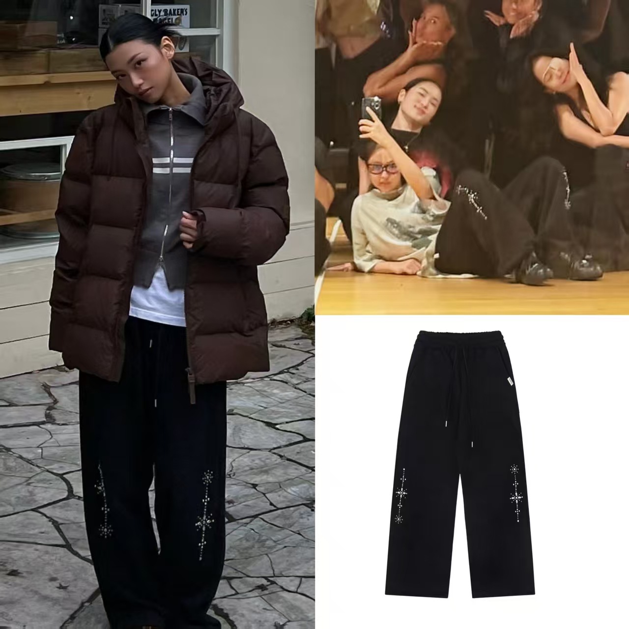 韩国小众 jennie金智妮同款 抽绳贴钻宽松休闲直筒卫裤长裤