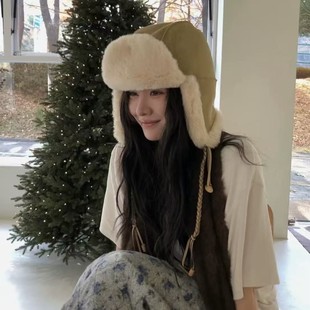 韩国小众Yy26新款open麂皮护耳系带保暖毛绒雷锋帽飞行帽护耳帽