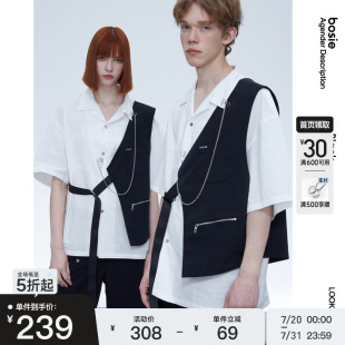 襯衫 bosie2025年夏季 新款 短袖 男情侶拼接馬甲設(shè)計感潮酷白襯衣潮