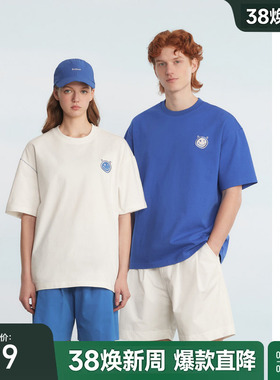 bosie2025年夏季新款短袖T恤男情侣简约百搭笑脸贴布刺绣体恤女潮