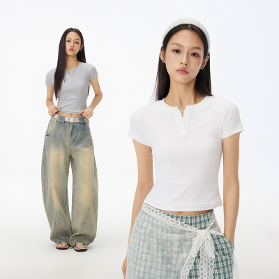 bosie亨利领正肩短袖T恤女