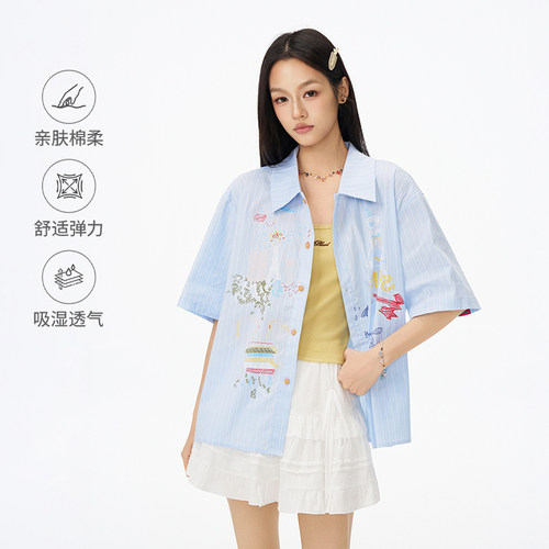 bosie美式复古线绘短袖衬衫男女