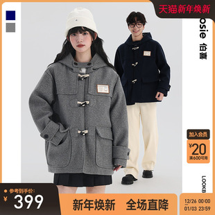 呢子衣 牛角扣毛呢大衣连帽外套保暖棉服韩版 bosie2025年冬季 新款