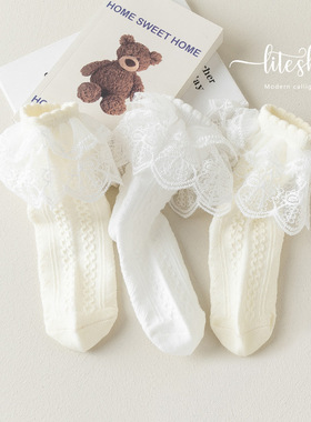 女童蕾丝花边袜洛丽塔公主袜奶白纯棉中筒袜秋冬白色舞蹈短袜春季