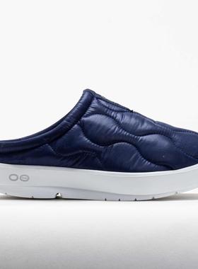 代购Oofos男士拖鞋减震保暖防臭缓压深蓝色绗缝设计厚底轻量居家