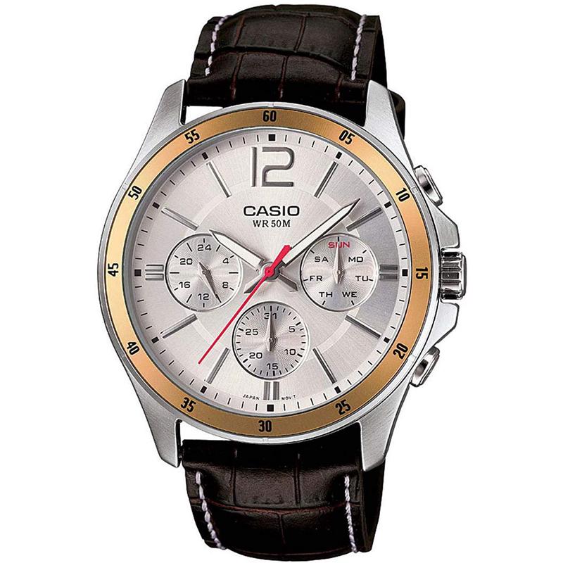 代购CASIO卡西欧手表男士机械表银盘黑皮日韩经典简约表盘腕表