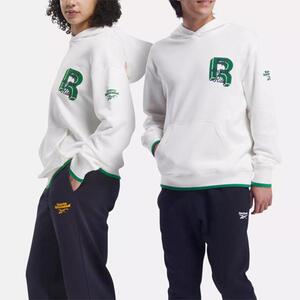 Reebok锐步外套男士24新款白色宽松休闲简约连帽运动卫衣套头衫