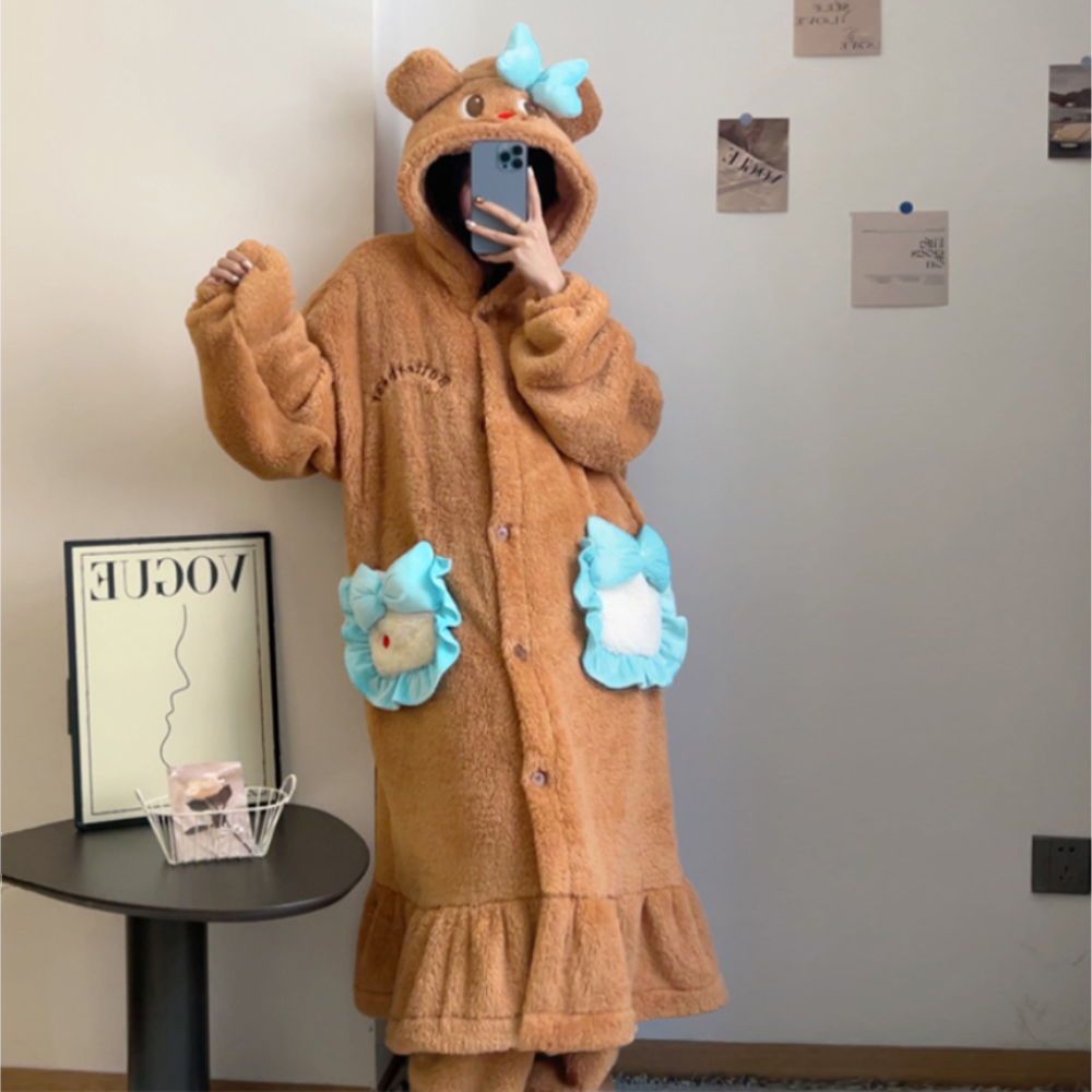 秋冬季珊瑚绒睡袍女款围裙小熊ins风睡衣女款卡通可爱家居服套装