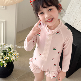 ins儿童泳衣女童宝宝连体长袖 防晒速干游泳衣洋气公主风可爱泳装