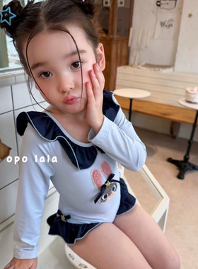 儿童女童泳衣女童卡通泳衣宝宝兔子刺绣连体泳衣防晒海边游泳衣