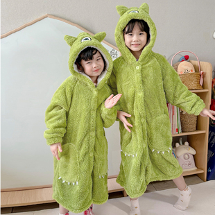 2025年新款秋冬季可外穿珊瑚绒睡袍女童男童加绒加厚家居服浴袍