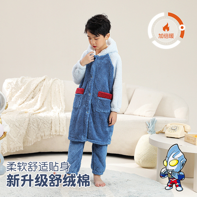 秋冬季珊瑚绒儿童奥特曼睡袍外穿