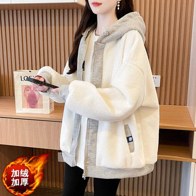 大码女装秋冬季加绒加厚羊羔毛卫衣女初中高中学生洋气保暖外套潮