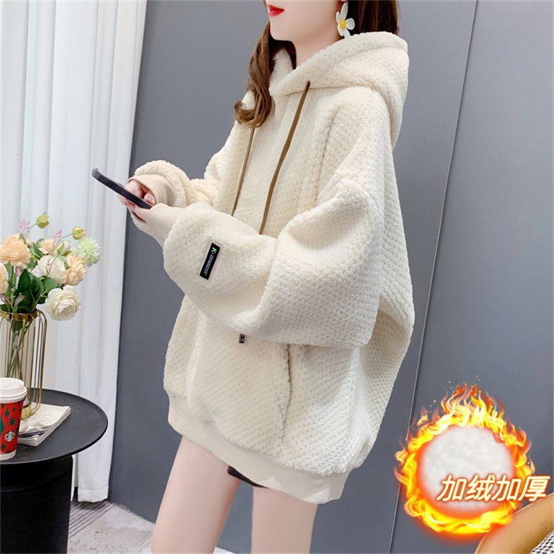 羊羔绒连帽卫衣女加绒加厚秋冬季新款爆款宽松初高中学生洋气外套