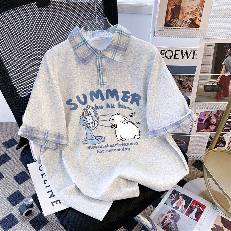 POLO领纯棉短袖t恤女夏季2026新款大码宽松初中高中学生显瘦上衣