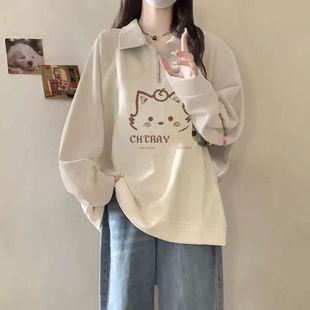 宽松polo领长袖 秋冬初高中学生大码 t恤上衣 半拉链卫衣女薄款 美式