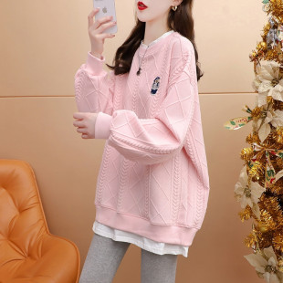 宽松设计感洋气减龄外套上衣潮 假两件卫衣女秋冬2023新款 大码 女装