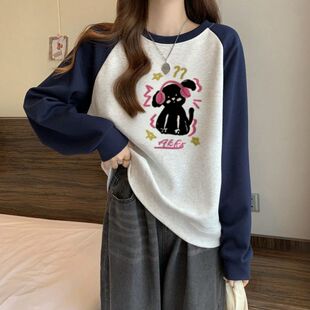 港味chic圆领卫衣女秋冬初高中学生宽松oversize美式复古长袖上衣