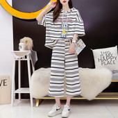 女装 七分裤 条纹休闲运动连帽套装 新款 洋气百搭两件套潮 女夏季 大码