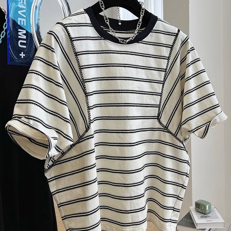 欧货大码女装纯棉蝙蝠袖条纹短袖t恤女夏季设计感宽松遮肚上衣潮