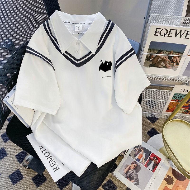 翻领polo衫假两件短袖t恤女夏季宽松大码初中高中学生百搭上衣潮
